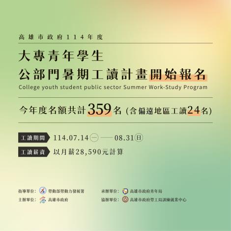 圖7.高市府今年提供359暑期工讀名額（含偏遠地區工讀24名），服務機關包含市府29個局處。
