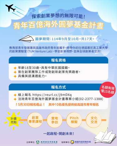高雄市青年局與教育部青年發展署攜手推出「青年百億海外圓夢基金計畫-新創原動力」，帶領青年前往德國慕尼黑工業大學創業實驗室（TUM Venture Lab）的參訪新創專業培訓，即日起開放報名至5月30日截止。