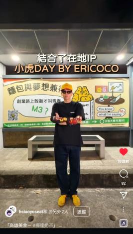 圖6.HIRO、Ariel Yu、Finding Albert、高雄美食 Hsiaoyoseat等網紅也參與「大青年計畫」宣傳，以貼近青年的語彙與創意，擴大政策宣傳力道。(網紅們的影片截圖-有戴紀念品的)