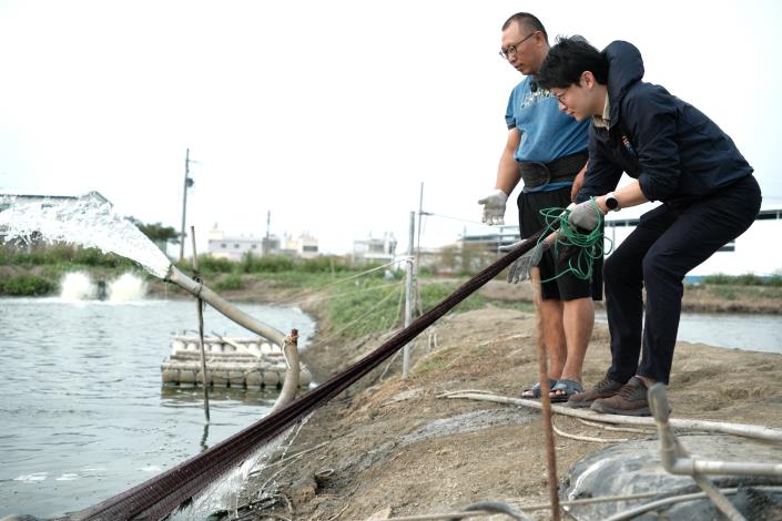 圖3.「鱸好家」負責人許懷聰(後) 指導青年局長林楷軒(前)灑網、捕撈等魚塭日常養殖工作。