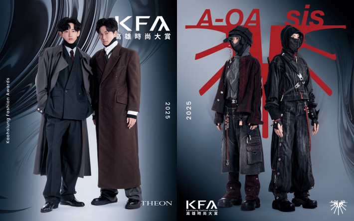5.	「THEON」(左)「Fragile」以象徵「盔甲」的男裝廓型為核心，融合上世紀不同年代的經典造型，將社會壓力與自我省思轉化為服裝語言；「A-Oa sis」(右)「數據.遊牧主義.Data.Nomasism.」採用機能、針織與丹寧材質打造中性輪廓，描繪數據荒原中自由穿行的遊牧身影，展現混合體服裝的未來美學。