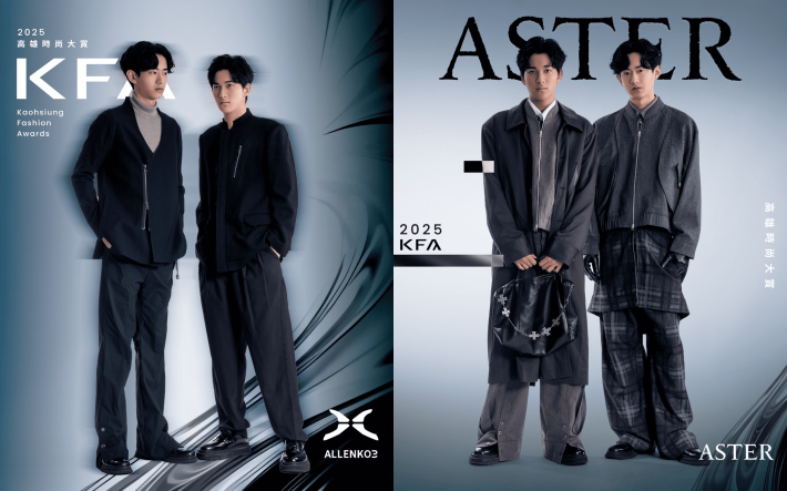 3.	「ALLENKO3」(左) 採黑色為基調，融合和服、中山領、解構線條與鏤空材質，使傳統語彙在都市機能中重生；「ASTER」(右)的作品描繪少年初入都市的疏離與掙扎，以 oversized 西裝外套結合寬鬆比例搭配尖銳筆直的領口切割，形塑理想與現實的邊界張力。