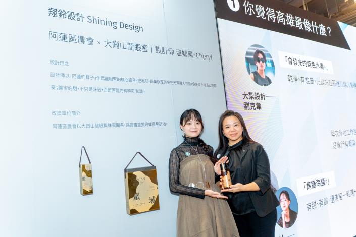 「翔鈴設計 Shining Design」將金色光澤、蜂巢紋理與地形線條融入包裝，詮釋阿蓮區大崗山龍眼蜜在地特色。