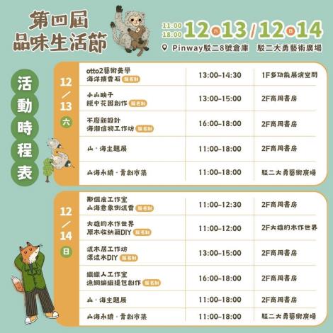 「第四屆品味生活節」於 12 月 13、14 日在 Pinway 駁二 8 號倉庫登場，活動涵蓋展覽、永續手作課程、市集與舞台演出，歡迎民眾相約共度愉快周末。