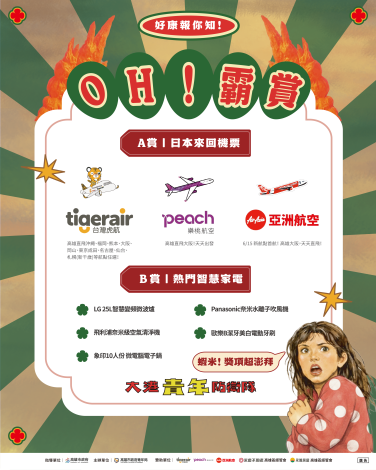 圖說4.「OH!霸賞」攜手台灣虎航、樂桃航空、AirAsia亞洲航空三家航空公司，共計送出12套「高雄－日本」來回機票。