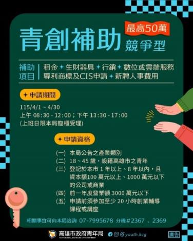 圖1.青年局「競爭型」補助對象即針對已建立營運基礎、且具一定規模及邁向營收擴張期的青創事業，提供六大補助項目支持，最高補助金額達50萬元。