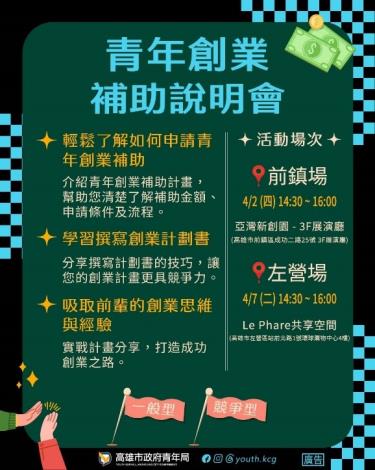 圖2. 青年局將於4月2日及4月7日，分別在亞灣新創園與台鐵新左營站Le Phare共享空間舉辦青創補助說明會，協助青創團隊了解補助申請重點。
