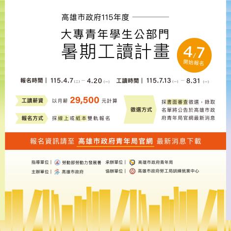 圖1.今年高雄市政府暑期工讀首度採行線上或紙本雙軌報名機制，報名日期自4月7日至20日止。