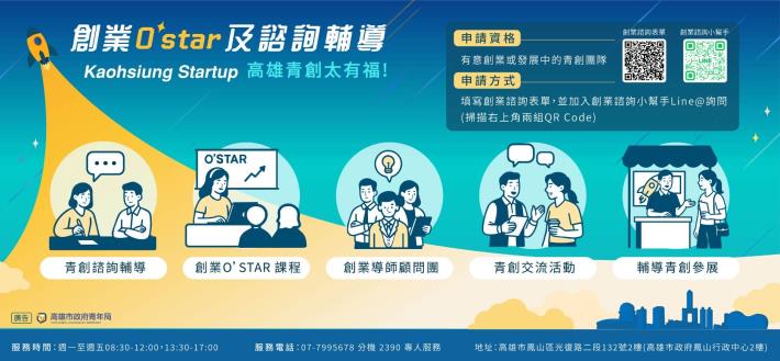圖1. 青年局推動「創業 O’Star」輔導平台，整合創業諮詢、培力課程、導師顧問、交流活