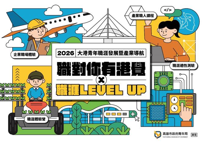 圖1.2026「職對你有港覺」以職涯LEVEL UP為主軸，整合職涯探索、產業職場與AI科技，打造青年全方位成長路徑。