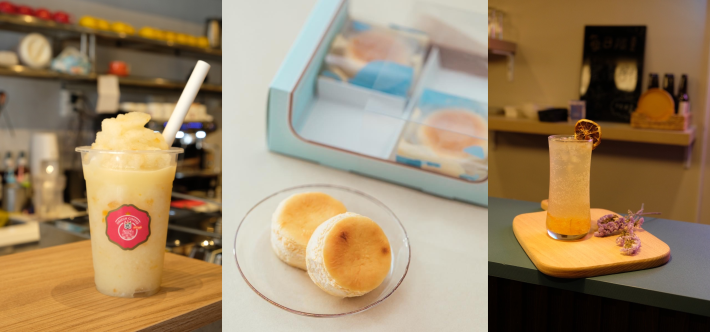 2.Pinway進駐品牌推出中秋限定餐點-(左起)「8C咖啡-柚見檸檬冰沙」、「午後甜點-柚子乳酪蛋糕」及「蝶釀永續-柚香氣泡水」。